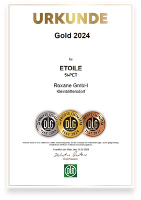 Zertifikat für Etoile, DLG-Prämiert 2024, ausgezeichnet von Roxane GmbH aus Saarland für hohe Qualität. | © DLG