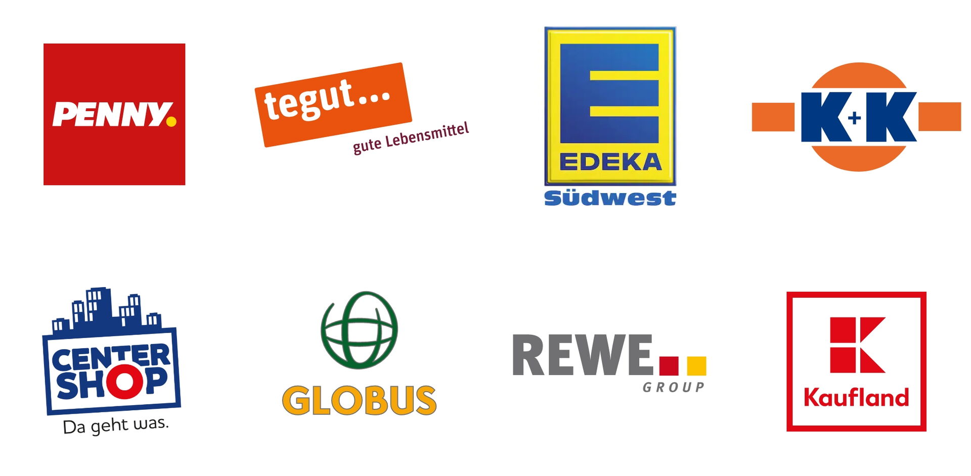 Verschiedene Lebensmittelmarkenlogos, darunter Penny und Edeka, präsentieren sich im Bild. | © Name